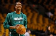 Rajon Rondo #9 of the Boston Celtics practices shooting prior to a game against the Detroit Pistons on April 3, 2013 at TD Garden in Boston, Massachusetts. Rondo, who is out for the remainder of the season, underwent ACL surgery in February. (Getty Images)
